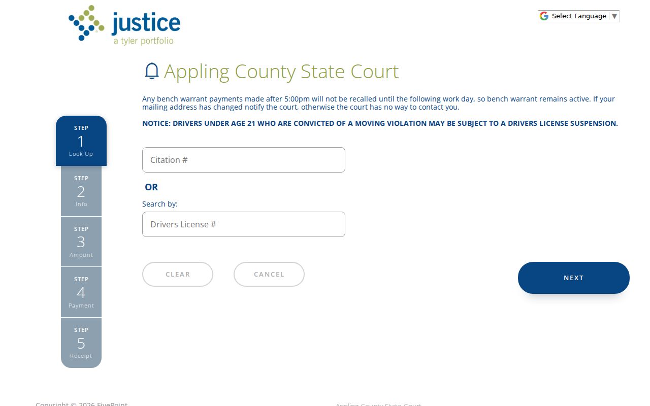 Appling County outstanding warrant State Court payment landing page